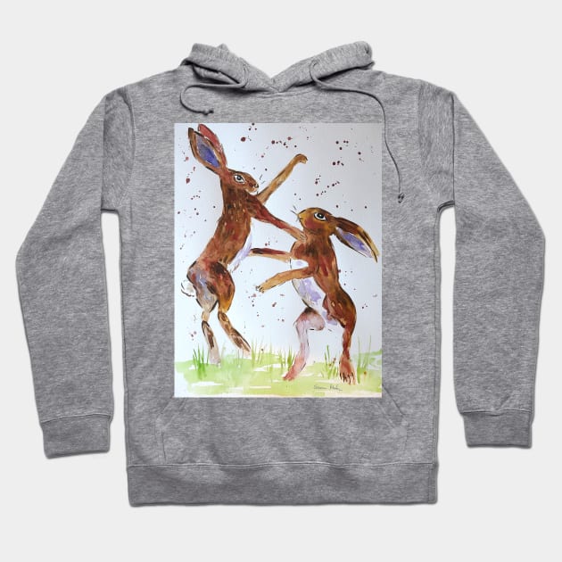 Hares Boxing Hoodie by Casimirasquirkyart